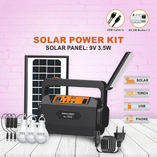Emergency Portable Solar Inverter with 3 Individual 6 Volt LED Hanging Bulbs with 3.75 m Long Wire and AC/DC USB Socket with USB Wire for Mobile Charging, USB Cable (Micro USB + Type C)