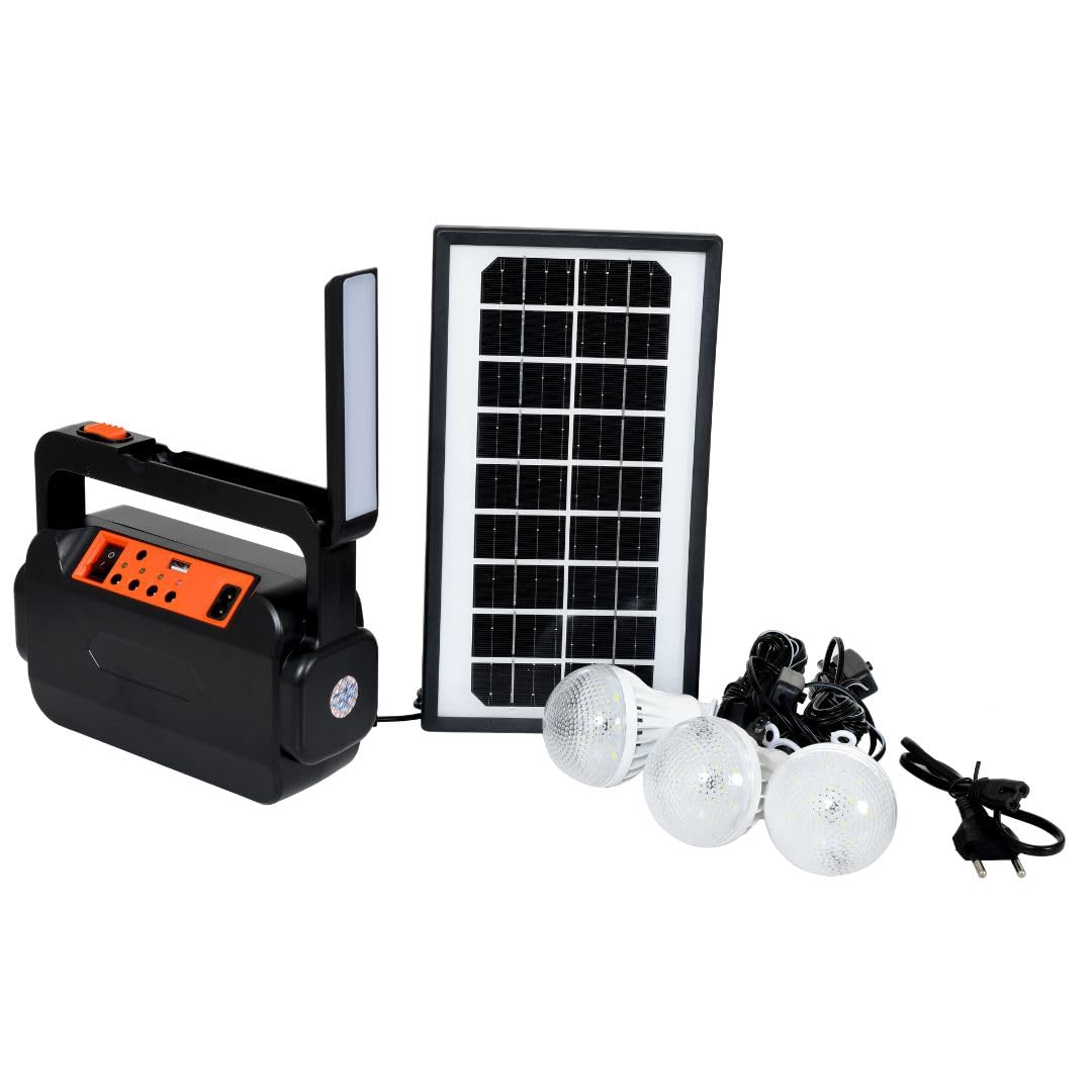 Emergency Portable Solar Inverter with 3 Individual 6 Volt LED Hanging Bulbs with 3.75 m Long Wire and AC/DC USB Socket with USB Wire for Mobile Charging, USB Cable (Micro USB + Type C)