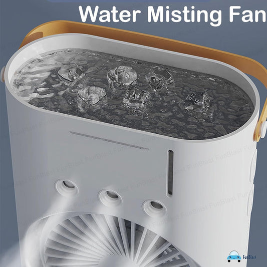 5 ππππ«π¬ πππ«π«ππ§ππ²) Portable Double Headed Mini Air Cooler Fan with Mist Humidifier | 3-Speed USB Rechargeable Oscillating Fan with LED Light, Ice Filling
