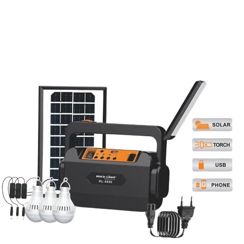 Emergency Portable Solar Inverter with 3 Individual 6 Volt LED Hanging Bulbs with 3.75 m Long Wire and AC/DC USB Socket with USB Wire for Mobile Charging, USB Cable (Micro USB + Type C)