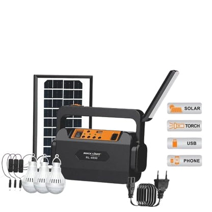Emergency Portable Solar Inverter with 3 Individual 6 Volt LED Hanging Bulbs with 3.75 m Long Wire and AC/DC USB Socket with USB Wire for Mobile Charging, USB Cable (Micro USB + Type C)