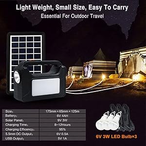 Portable Emergency Inverter with 3 nos 6vlt LED Bulbs 3.75 mtr Wire & AC/DC USB Socket and Solar Panel for Charging