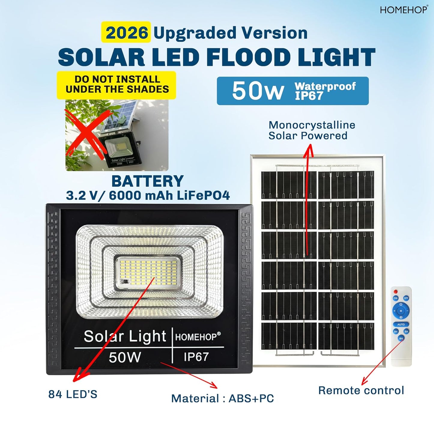Homehop Solar Light Outdoor Home 50W Flood Led Waterproof Automatic Wall Mount Lamp for Home,Garden, Balcony, Patio with Remote Control (6 Ah,ABS, 84LED