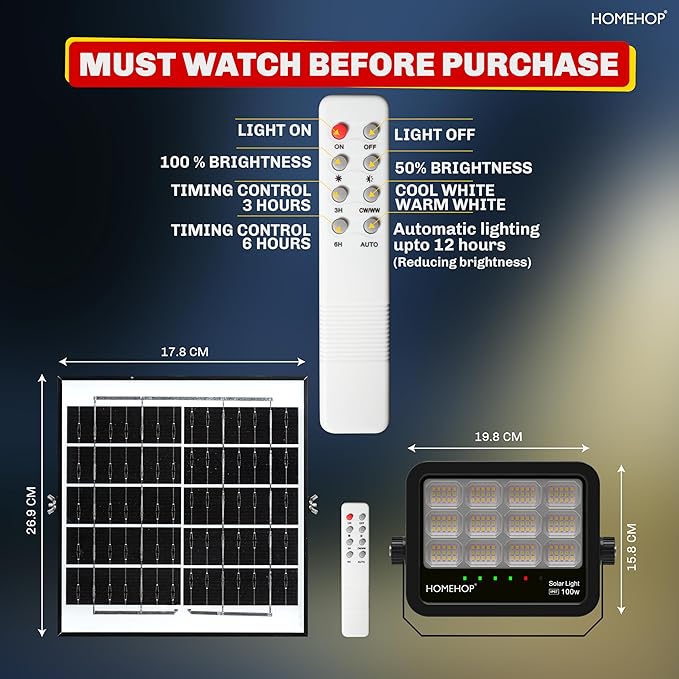 Homehop Solar Light Outdoor Home 50W Flood Led Waterproof Automatic Wall Mount Lamp for Home,Garden, Balcony, Patio with Remote Control (6 Ah,ABS, 84LED