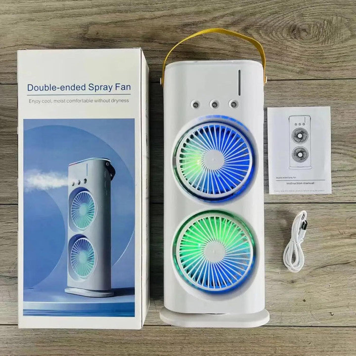5 𝐘𝐞𝐚𝐫𝐬 𝐖𝐚𝐫𝐫𝐚𝐧𝐭𝐲) Portable Double Headed Mini Air Cooler Fan with Mist Humidifier | 3-Speed USB Rechargeable Oscillating Fan with LED Light, Ice Filling