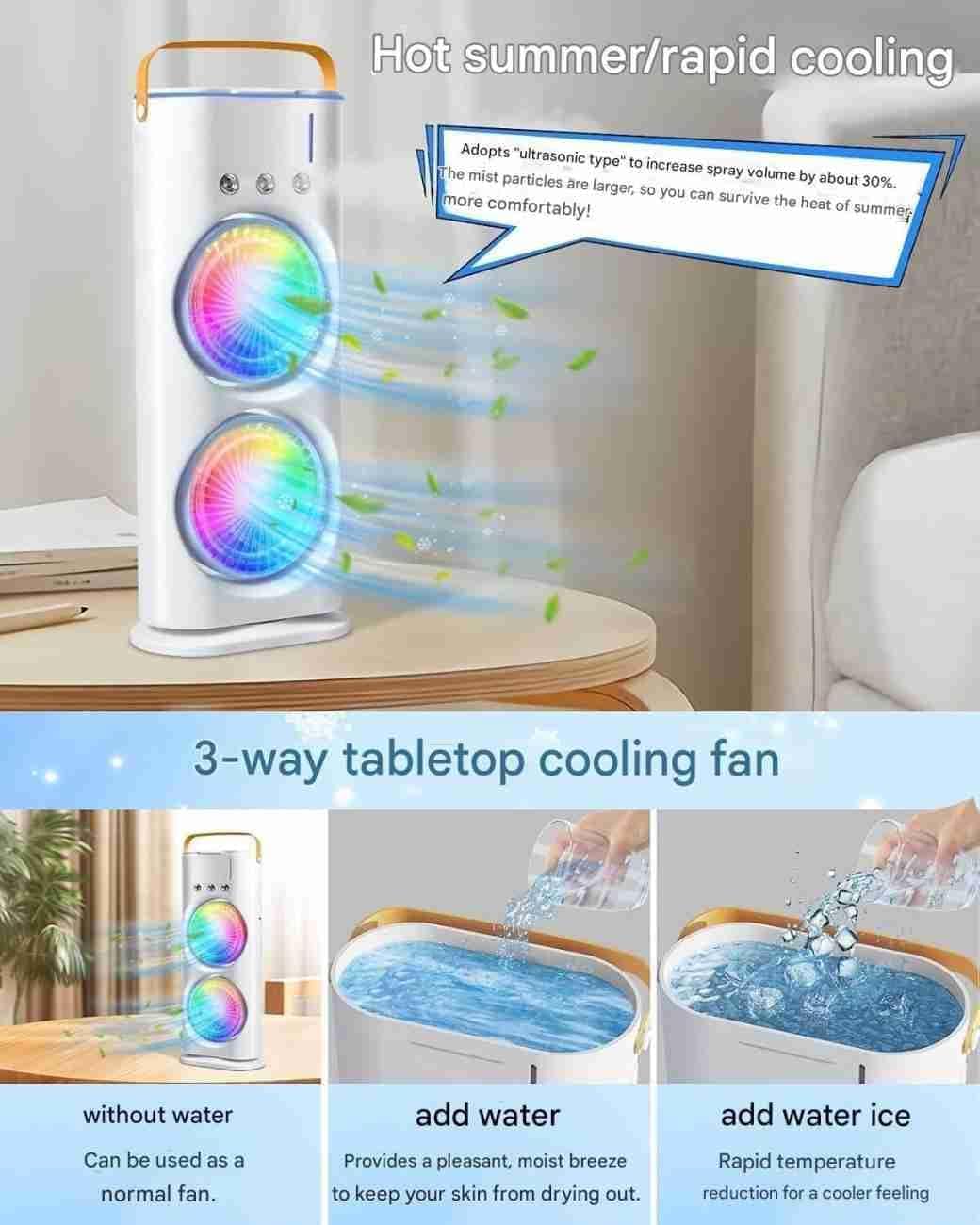 5 𝐘𝐞𝐚𝐫𝐬 𝐖𝐚𝐫𝐫𝐚𝐧𝐭𝐲) Portable Double Headed Mini Air Cooler Fan with Mist Humidifier | 3-Speed USB Rechargeable Oscillating Fan with LED Light, Ice Filling
