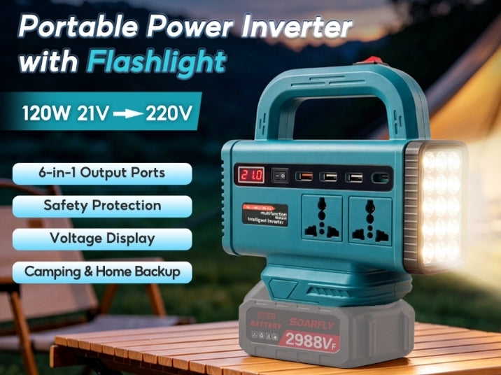 128 W portable power inverter with a built-in LED flashlight on the side, a top carrying handle, a digital voltage display,