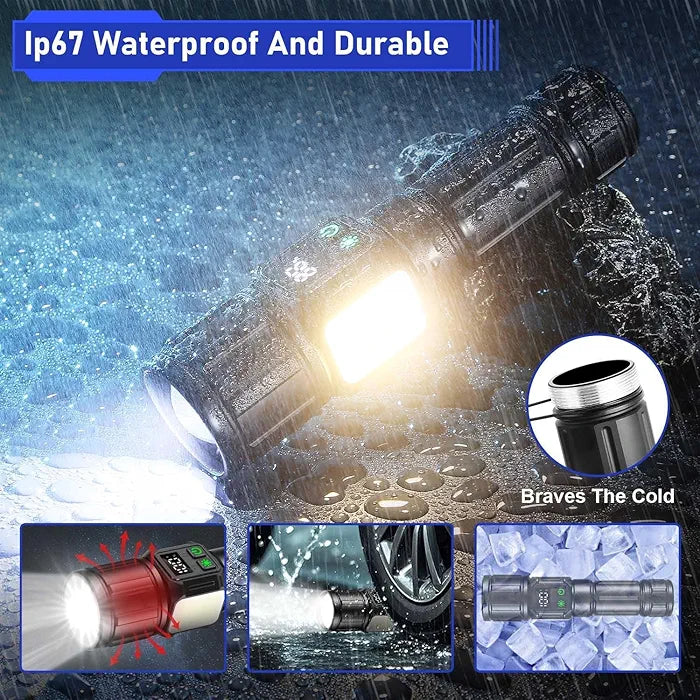 Svoko Torch Light High Power Rechargeable, IP67 Waterproof Led Charging Flashlight High Beam 2km Long Range with 9 Light Modes, Magnetic, Adjustable Portable Powerful Torchlight for Camping, Outdoor 5 years warranty