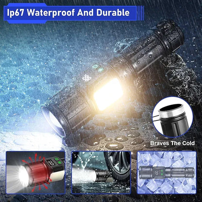 Svoko Torch Light High Power Rechargeable, IP67 Waterproof Led Charging Flashlight High Beam 2km Long Range with 9 Light Modes, Magnetic, Adjustable Portable Powerful Torchlight for Camping, Outdoor 5 years warranty