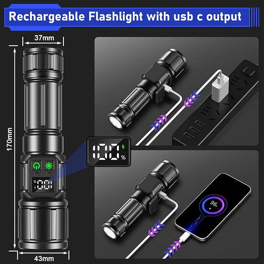 Svoko Torch Light High Power Rechargeable, IP67 Waterproof Led Charging Flashlight High Beam 2km Long Range with 9 Light Modes, Magnetic, Adjustable Portable Powerful Torchlight for Camping, Outdoor 5 years warranty