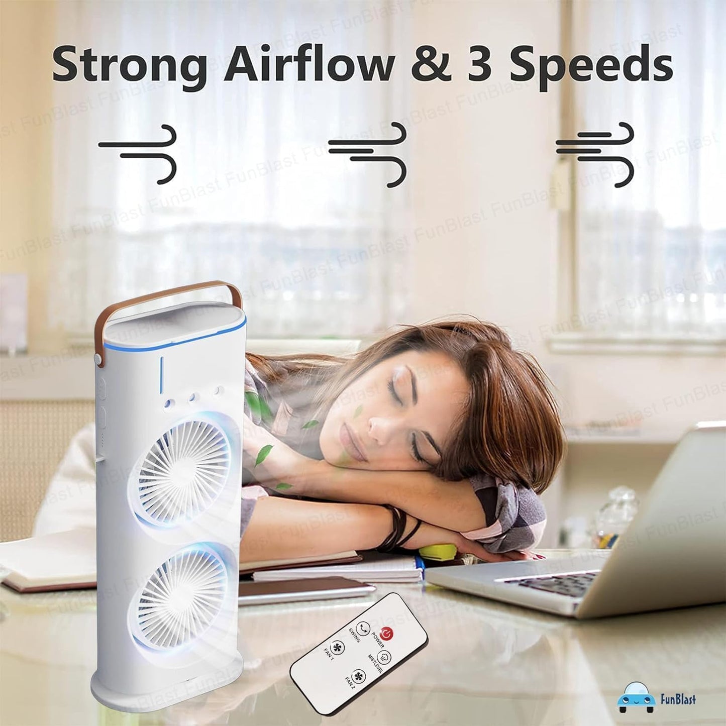 5 𝐘𝐞𝐚𝐫𝐬 𝐖𝐚𝐫𝐫𝐚𝐧𝐭𝐲) Portable Double Headed Mini Air Cooler Fan with Mist Humidifier | 3-Speed USB Rechargeable Oscillating Fan with LED Light, Ice Filling