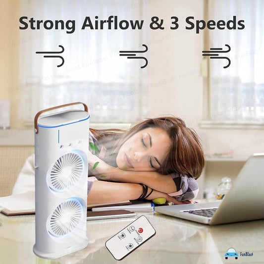 5 𝐘𝐞𝐚𝐫𝐬 𝐖𝐚𝐫𝐫𝐚𝐧𝐭𝐲) Portable Double Headed Mini Air Cooler Fan with Mist Humidifier | 3-Speed USB Rechargeable Oscillating Fan with LED Light, Ice Filling