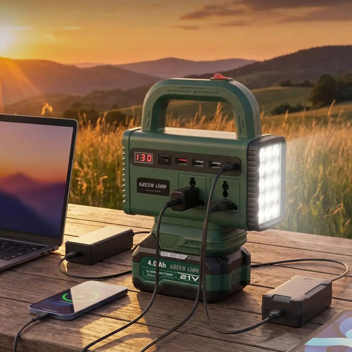128 W portable power inverter with a built-in LED flashlight on the side, a top carrying handle, a digital voltage display,
