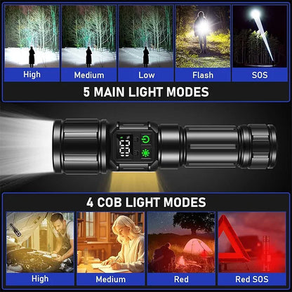 Svoko Torch Light High Power Rechargeable, IP67 Waterproof Led Charging Flashlight High Beam 2km Long Range with 9 Light Modes, Magnetic, Adjustable Portable Powerful Torchlight for Camping, Outdoor 5 years warranty