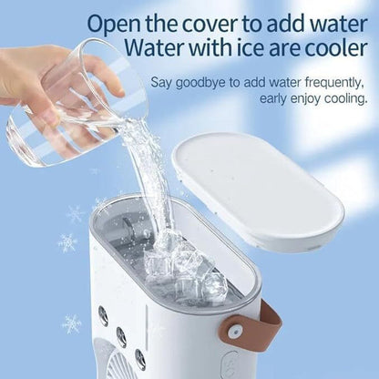 5 𝐘𝐞𝐚𝐫𝐬 𝐖𝐚𝐫𝐫𝐚𝐧𝐭𝐲) Portable Double Headed Mini Air Cooler Fan with Mist Humidifier | 3-Speed USB Rechargeable Oscillating Fan with LED Light, Ice Filling