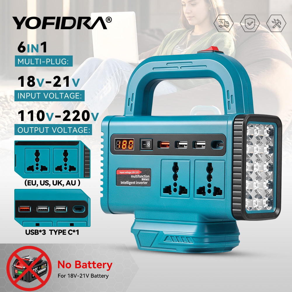 128 W portable power inverter with a built-in LED flashlight on the side, a top carrying handle, a digital voltage display,