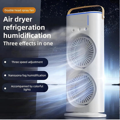 5 𝐘𝐞𝐚𝐫𝐬 𝐖𝐚𝐫𝐫𝐚𝐧𝐭𝐲) Portable Double Headed Mini Air Cooler Fan with Mist Humidifier | 3-Speed USB Rechargeable Oscillating Fan with LED Light, Ice Filling